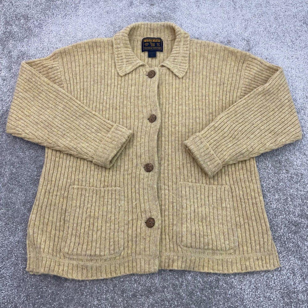 Woolrich Wool Womens XL Chamois Yellow Ribbed Button-Down Cardigan Heritage Fall